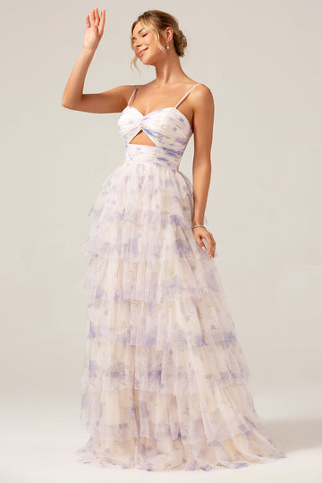 Lavendel Flower Princess Spaghetti stropper lagdelt Prom kjole med plissert